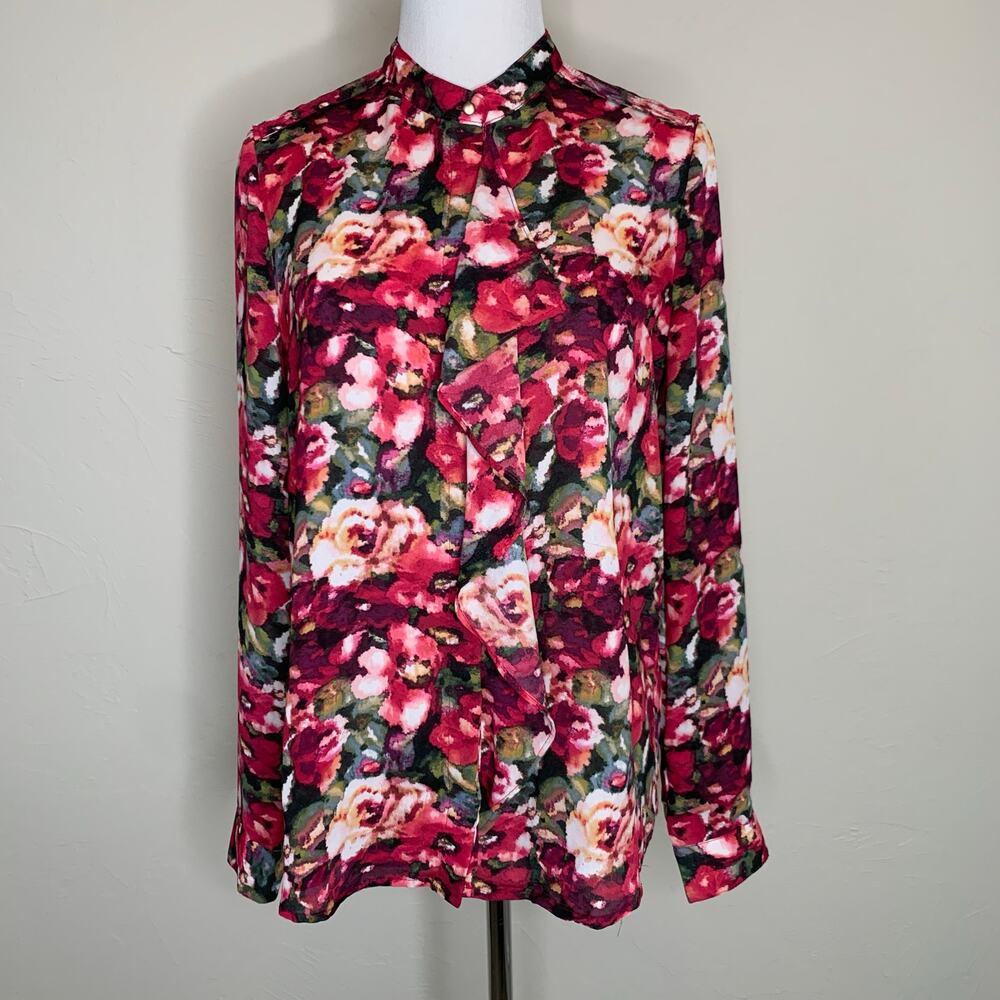 Floral Ruffle front Button Up Silky Blouse Sz Small